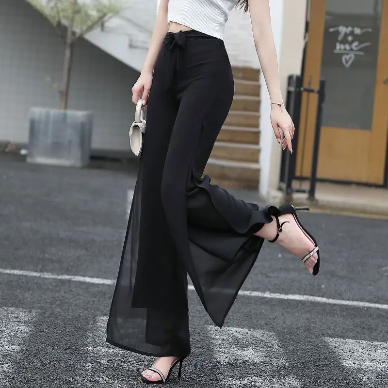 2024 Элегантная мода Harajuku Slim Fit Женская одежда Свободные повседневные универсальные шифоновые широкие брюки с высокой талией Сплит-юбка Брюки