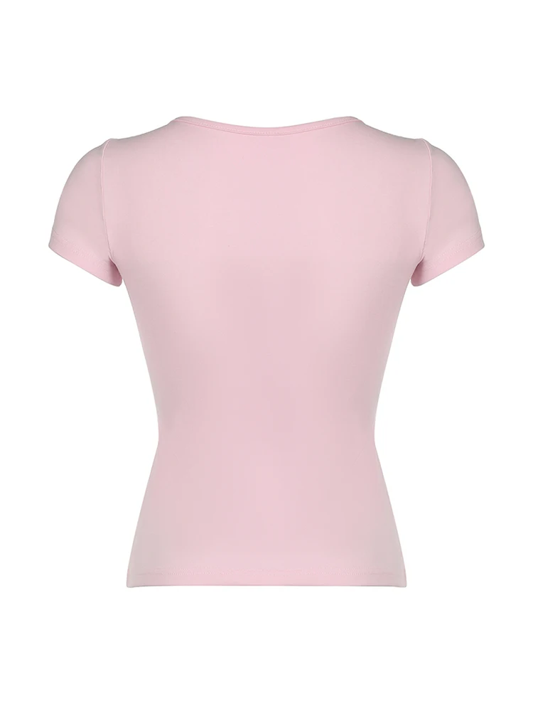 日本のかわいいコントラストレースネクタイボウスクエアカラースリム半袖黒 Tシャツ女性ピンク甘いバレエコアかわいい Tシャツ