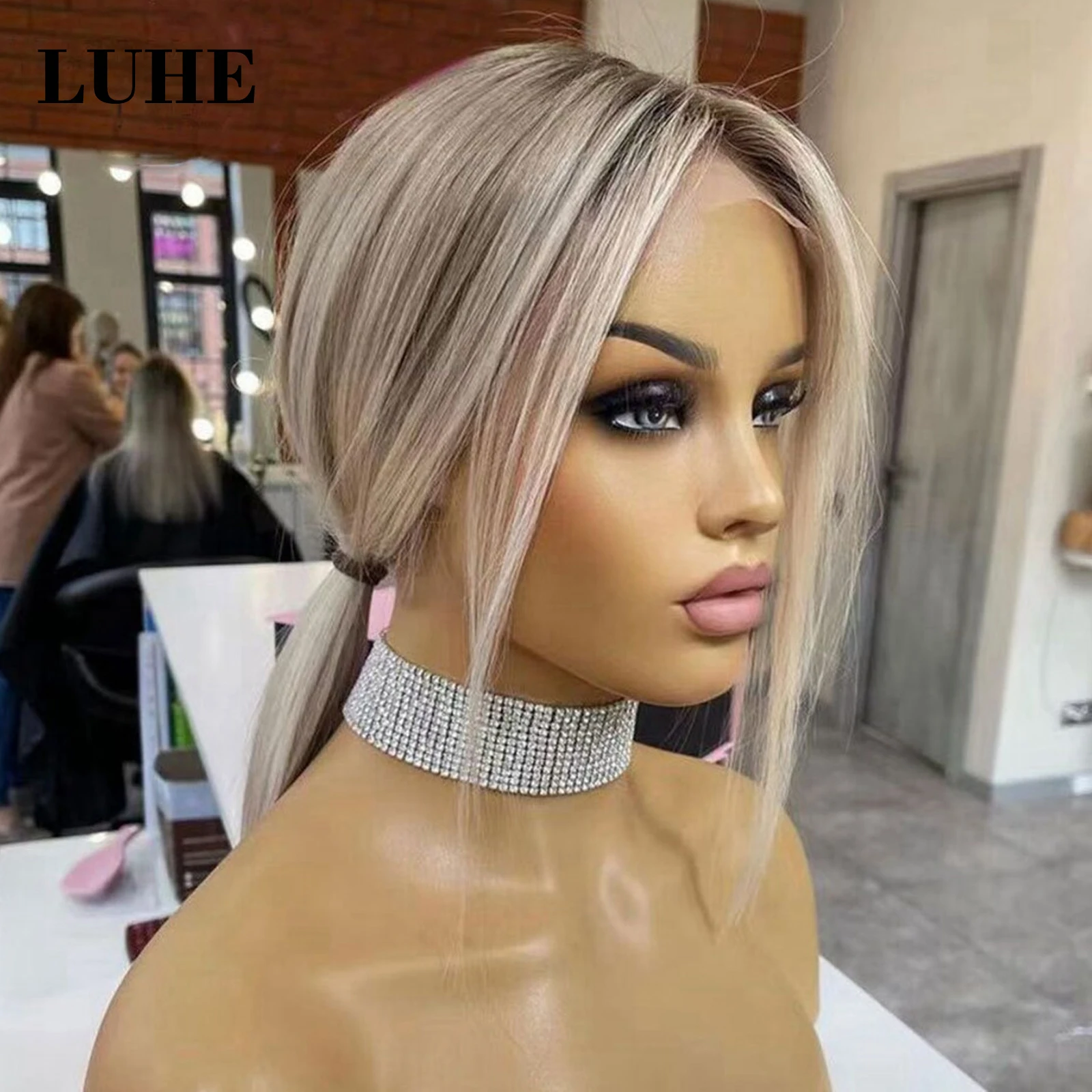 Resaltar Rubio ceniza de color 13x3 pelucas delanteras de encaje para mujeres 16 pulgadas raíces oscuras pelo sintético recto corto Bob peluca Frontal de encaje