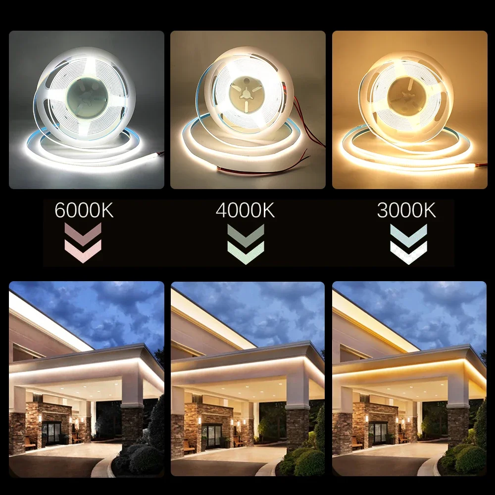 DC 5V 12V 24V COB LED Strip 320 384 480 528 LEDs/m ความหนาแน่นสูงยืดหยุ่น COB LED เทปแถบแสง 3 มม.5 มม.8 มม.PCB Linear Light