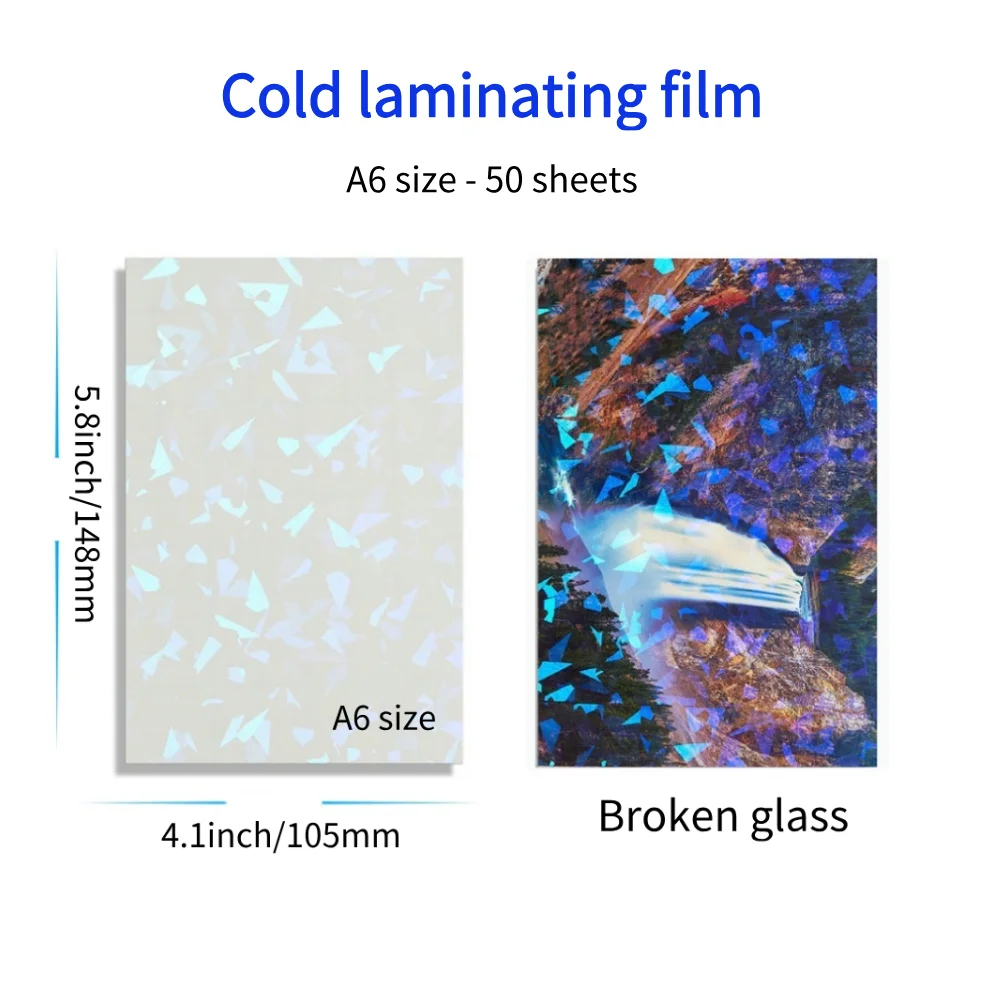 50 fogli di pellicola di laminazione a freddo impermeabile A6 ologramma vetro rotto pellicola di carta autoadesiva pacchetto fai da te carta foto proteggere