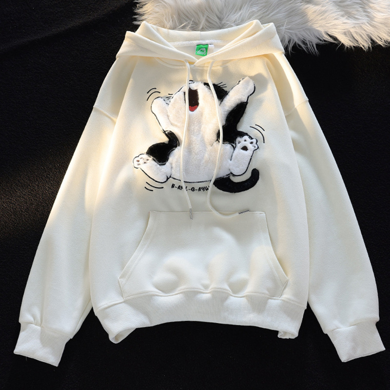 Japonês kawaii rebanho bordado dos desenhos animados gato retalhos hoodies engrossar bolso canguru baggy rua moletom all-matching topo