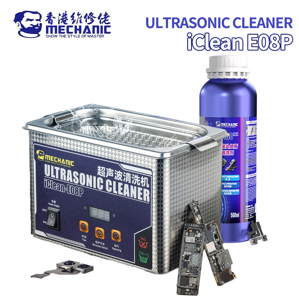 MECHANIC IClean E08P Ultraschallreiniger für die Reparatur von Mobiltelefonen, Kamera, Motherboard, Pinzette, Lötkolbenspitze, Reinigungswerkzeug