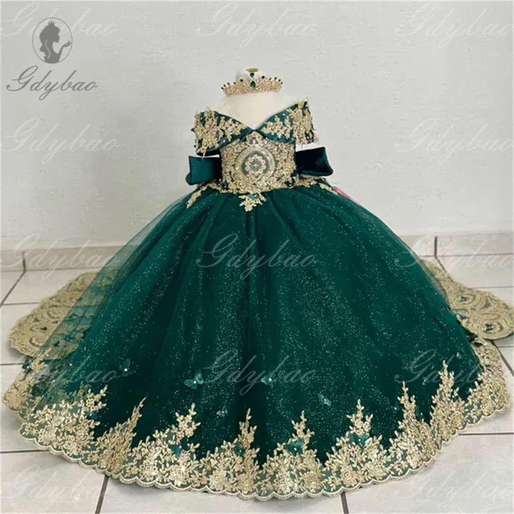 Königsblaues wunderschönes Blumenmädchenkleid mit Schleife, schulterfrei, goldene Applikationen, Kindergeburtstagsparty-Kleider, elegantes Kinderkleid