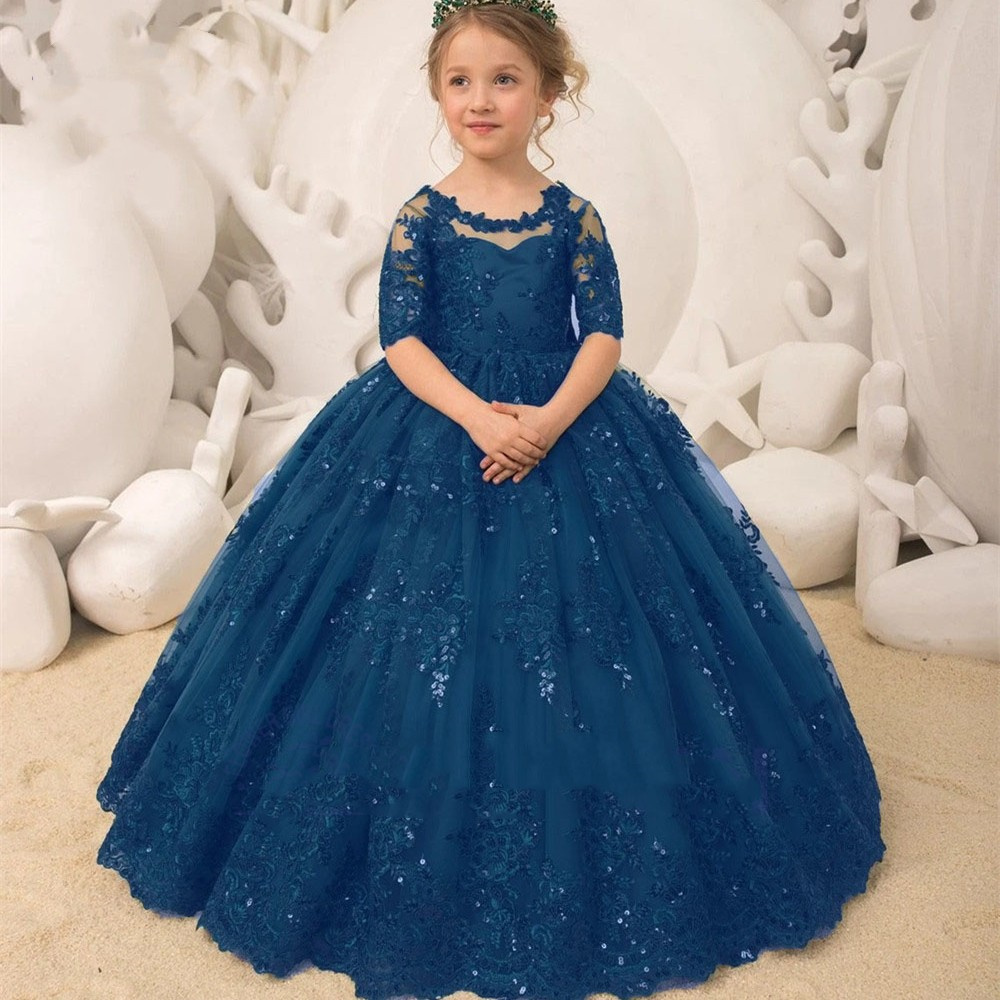 Smaragdgrüne lange Prinzessin Blumen mädchen Kleider Applikationen Bogen Tüll halbe Ärmel Hochzeits feier Ballkleid Geburtstag Festzug Robe