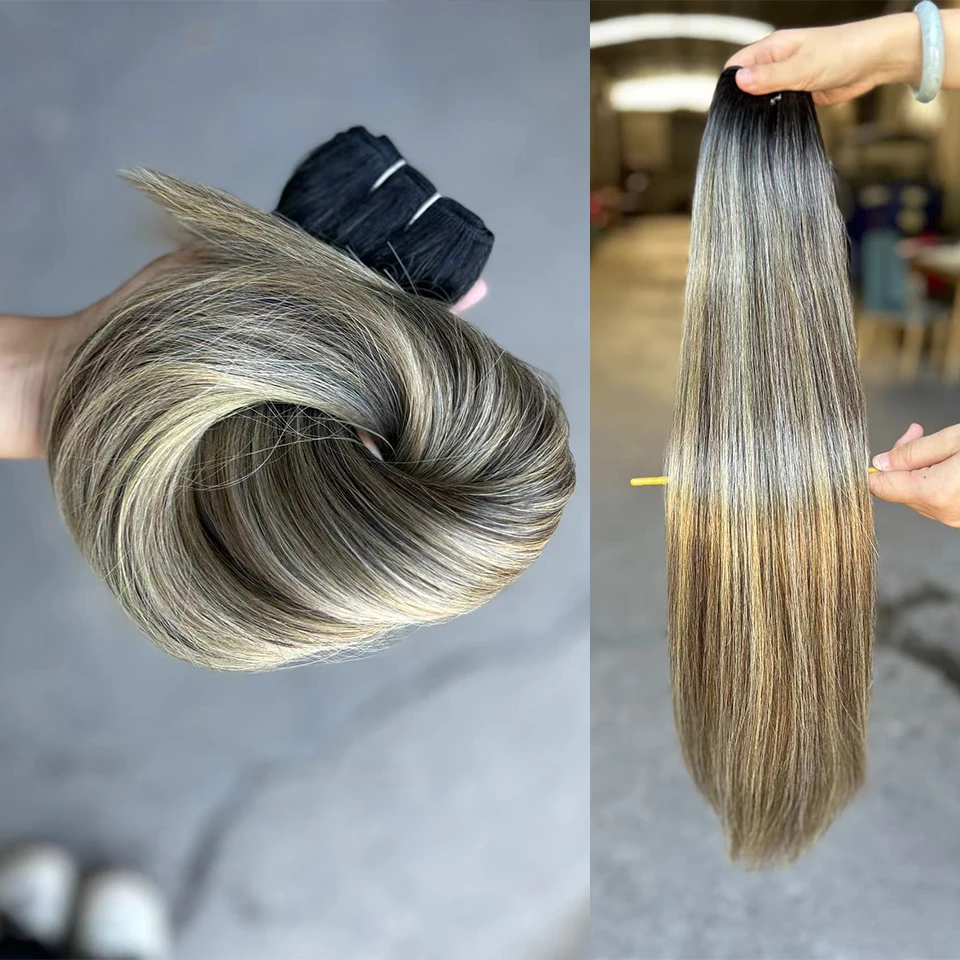 Extensions de cheveux raides os Bio Extensions de cheveux queue de cheval couleur marron synthétique Yaki cheveux raides tissage complet jusqu'au bout