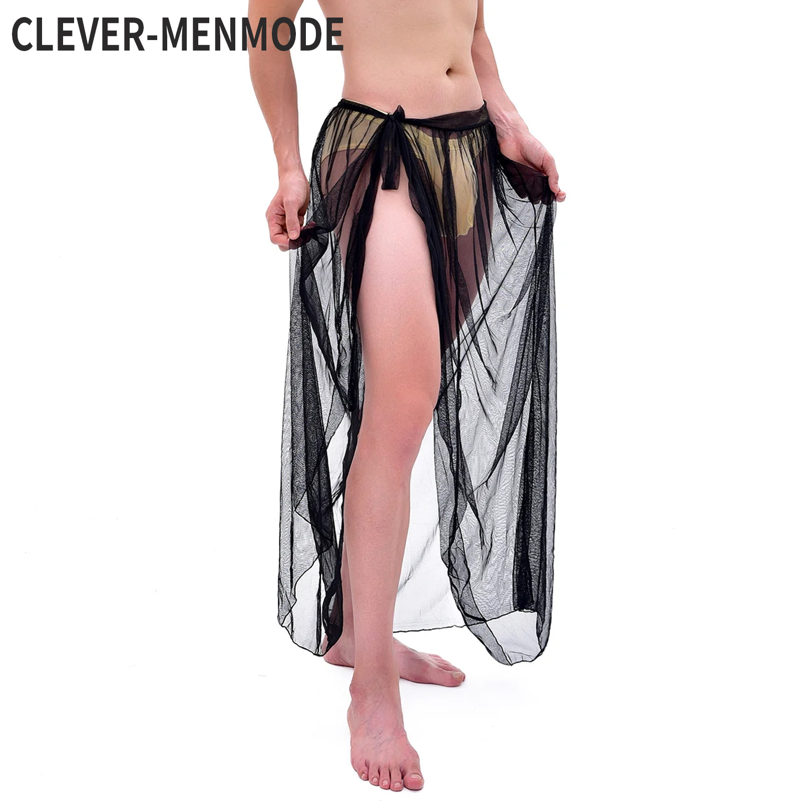 CLEVER-MENMODE ผู้ชายชุดนอนเซ็กซี่ตาข่ายกางเกงนอนดูผ่านชุดนอนยาว Culottes โปร่งใสด้านข้างแยก Nightdress