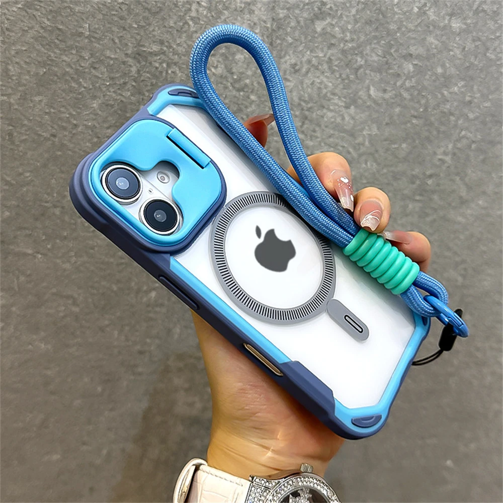 Armadura Color caramelo choque para funda de teléfono Magsafe para iPhone 11 15 14 13 12 16 Pro Max Plus soporte con correa para la muñeca funda trasera del teléfono