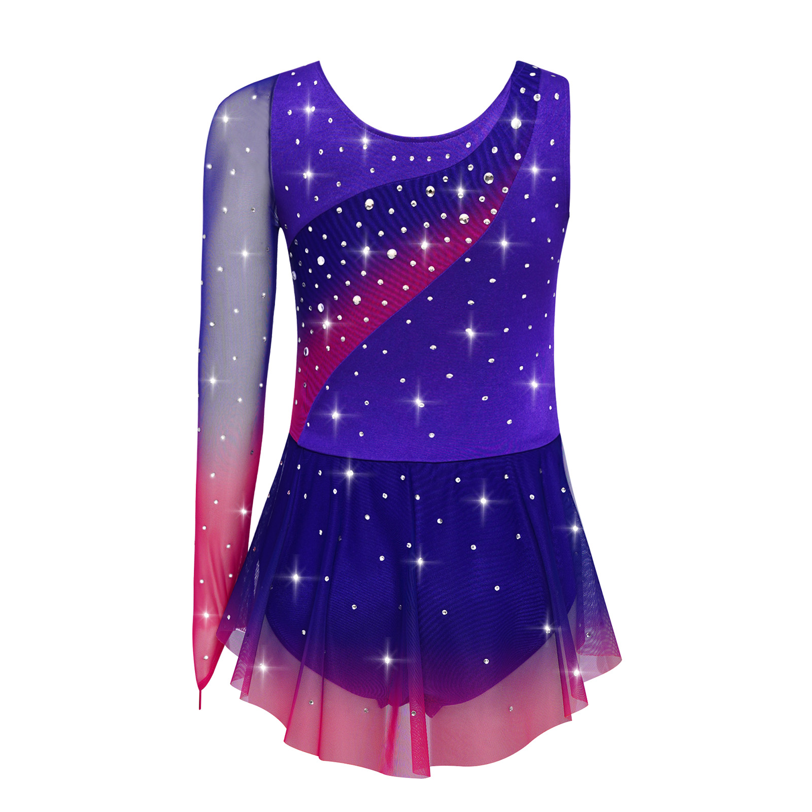 Crianças meninas patinação artística ginástica rítmica collant vestido assimétrico split brilhante strass contraste cor vestido bailarina