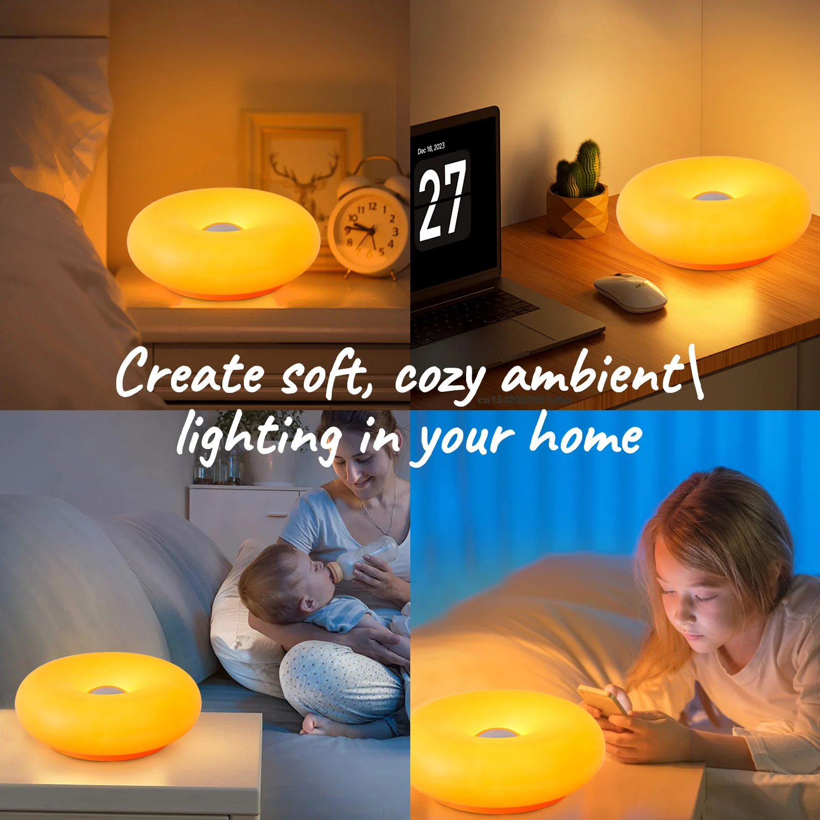 Lámpara de pared de plástico Donut, enchufe USB naranja, sala de estar, mesita de noche, mesa de estudio, ambiente LED de oficina con Interruptor táctil, iluminación Tricolor