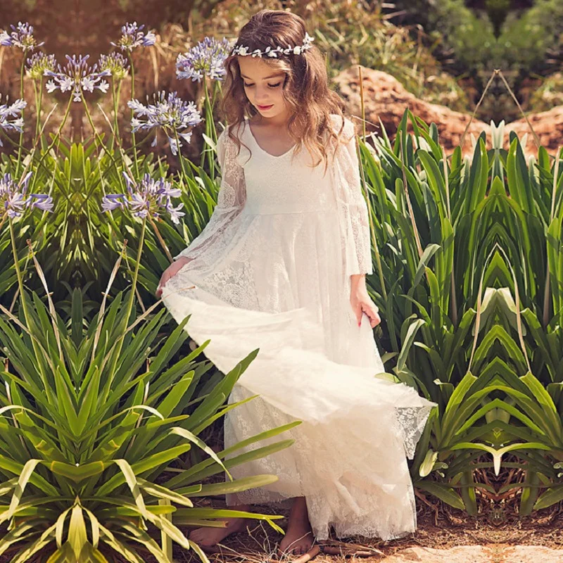เจ้าหญิงสาวลูกไม้ชีฟองชุดยาวเด็กสาวดอกไม้งานแต่งงานชุดฤดูร้อน Boho วันเกิดงานแต่งงานชุดสําหรับ 2-14 ปี