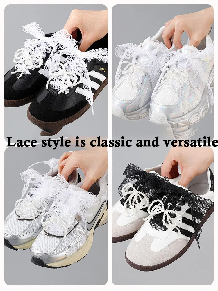 Lacets fantaisie en dentelle pour femmes, chaussures décontractées, largeur 2.9CM, lacets plats pour baskets, accessoires de lacets de chaussures noirs et blancs