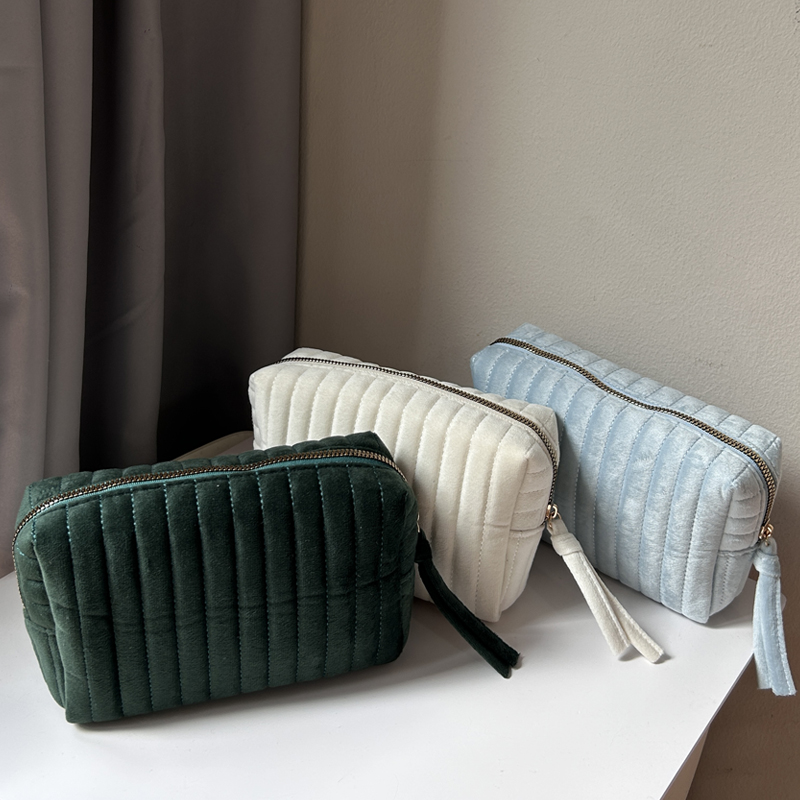 Soft Velvet Makeup Bag Cosmetics Zipper Stitching Striped Storage Bag Retro Portable Mini Toiletries Organizer