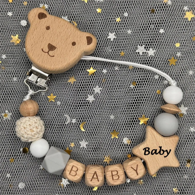 Handmade Personalized Custom Name Wood Bear Baby Pacifier Chain Clip Silicone Bead Holder With Name Teether Pendant Newborn Gift