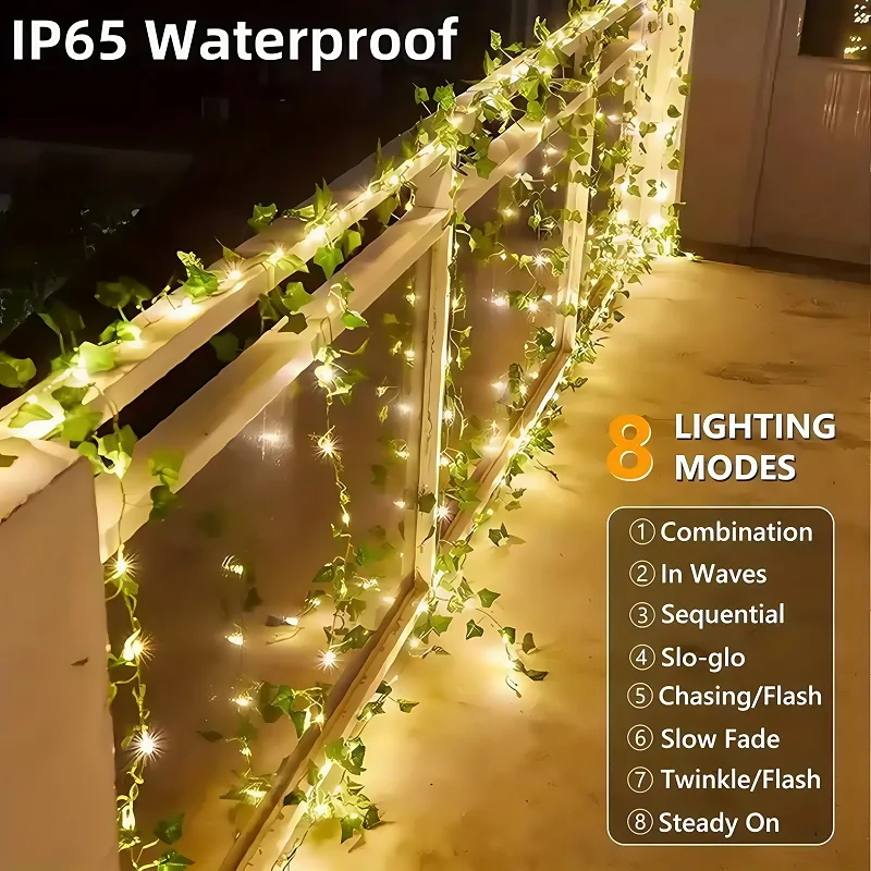 12mSolar Ivy String Lights LED Outdoor Artificial Vine Christmas Garland Fairy String Plant Lamp Maple Leaf Green Rattan String