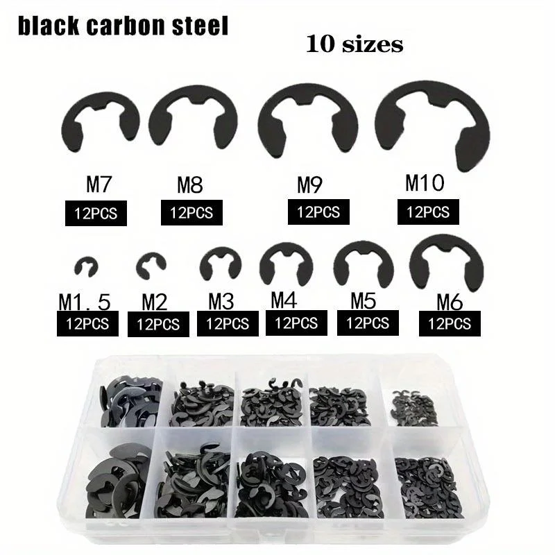 Juego de anillos de retención de acero inoxidable negro, 120 Uds., anillo a presión, surtido de arandelas E-Clip para sujetador de eje M1.5-M10