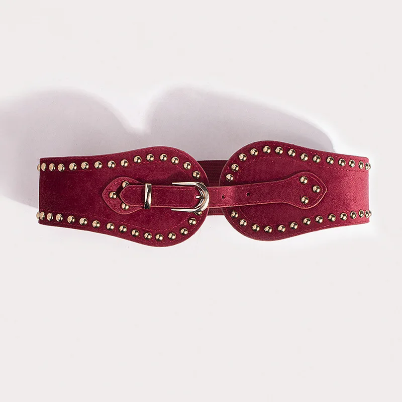 Cinturilla elástica con remaches de gamuza para mujer, cinturilla elástica ajustable de estilo occidental
