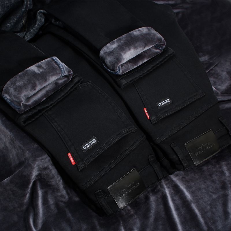 Jeans estilo coreano masculino, calças retas largas, tecido jeans escovado elegante, calça elástica grossa quente, inverno