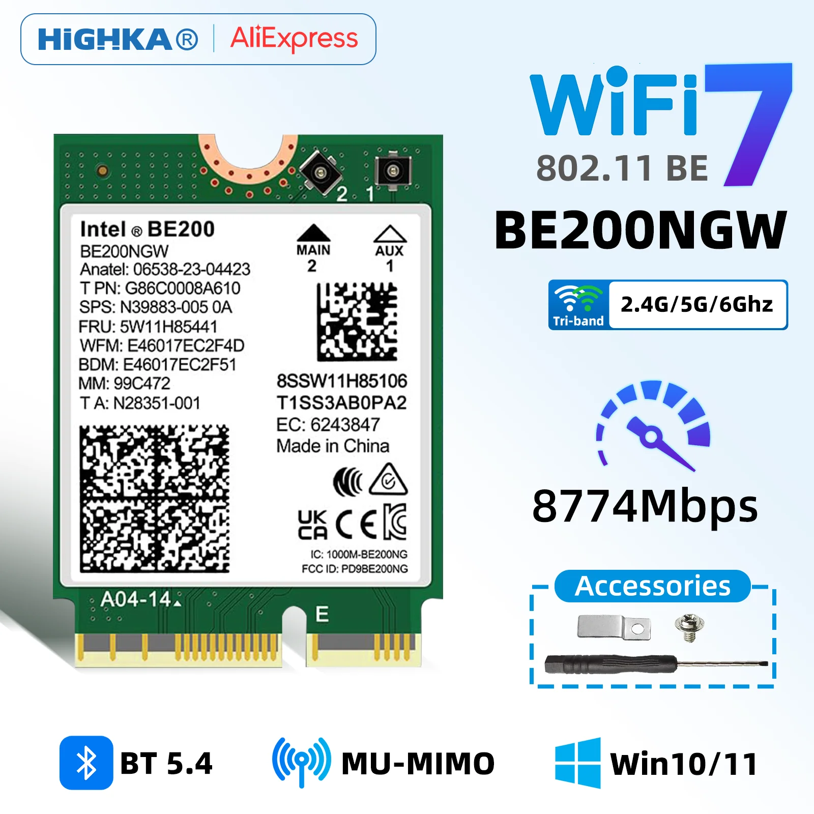 WiFi 7 Intel BE200 NGW WiFi-карта Bluetooth 5,4 трехдиапазонный 2,4 ГГц/5 ГГц/6 ГГц Wi-Fi-модуль для ноутбука M.2 NGFF Windows 10/11 (64 бит)