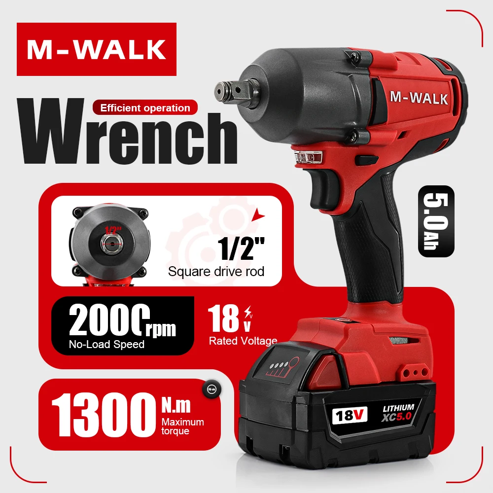 M-WALK Tool 1300N.m Bezszczotkowy Klucz Udarowy akumulatorowy klucz elektryczny 1/2 W Wkrętaku elektronarzędzie do Milwaukee 18V Pin Baterii