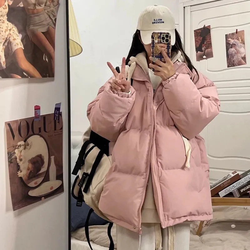 Inverno jaqueta curta mulher parkas 2025 grosso quente emendado com capuz parka oversized moda coreana solto algodão acolchoado outerwear