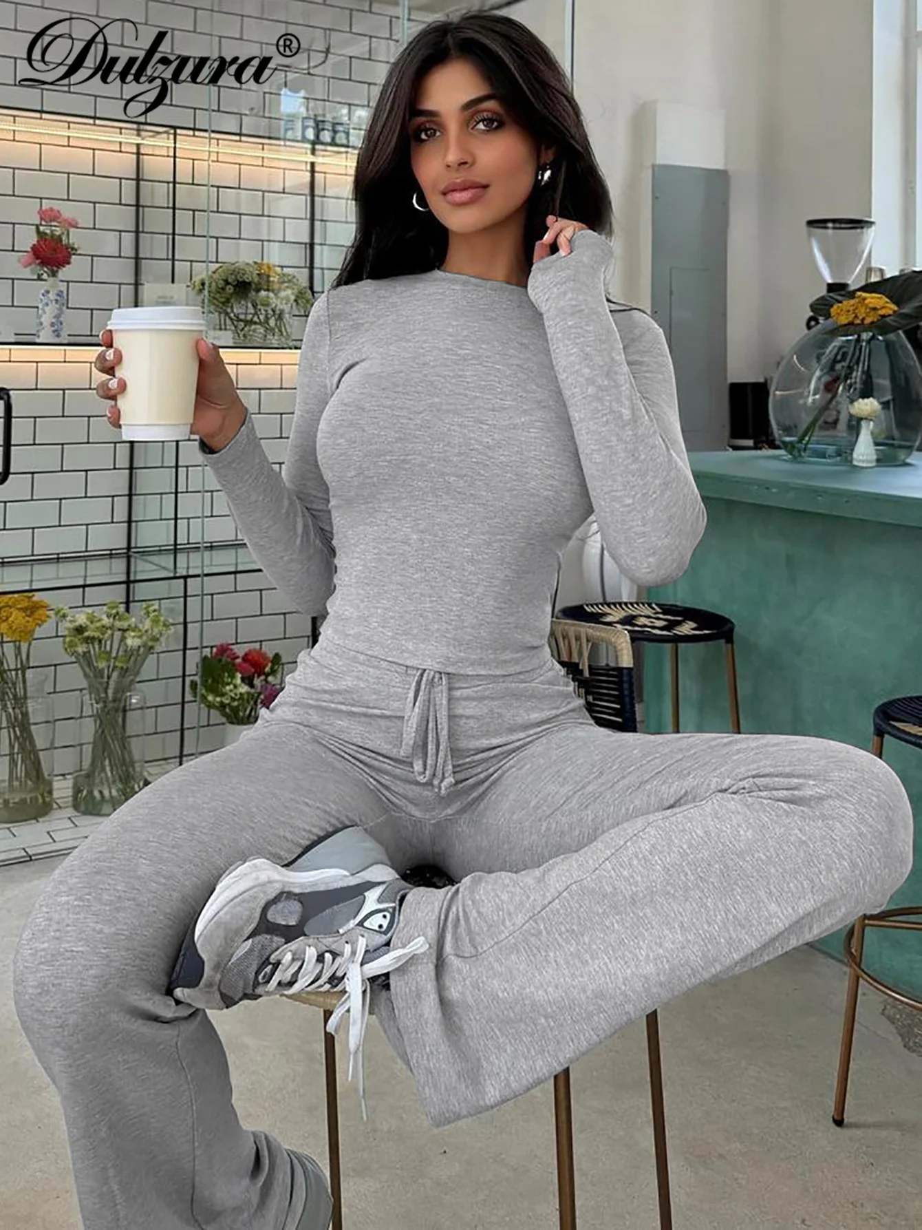 Dulzura Damski 2-częściowy zestaw spodni z długim rękawem Bodycon Crop Top i spodnie ze sznurkiem Dopasowany zestaw Streetwear Jesień