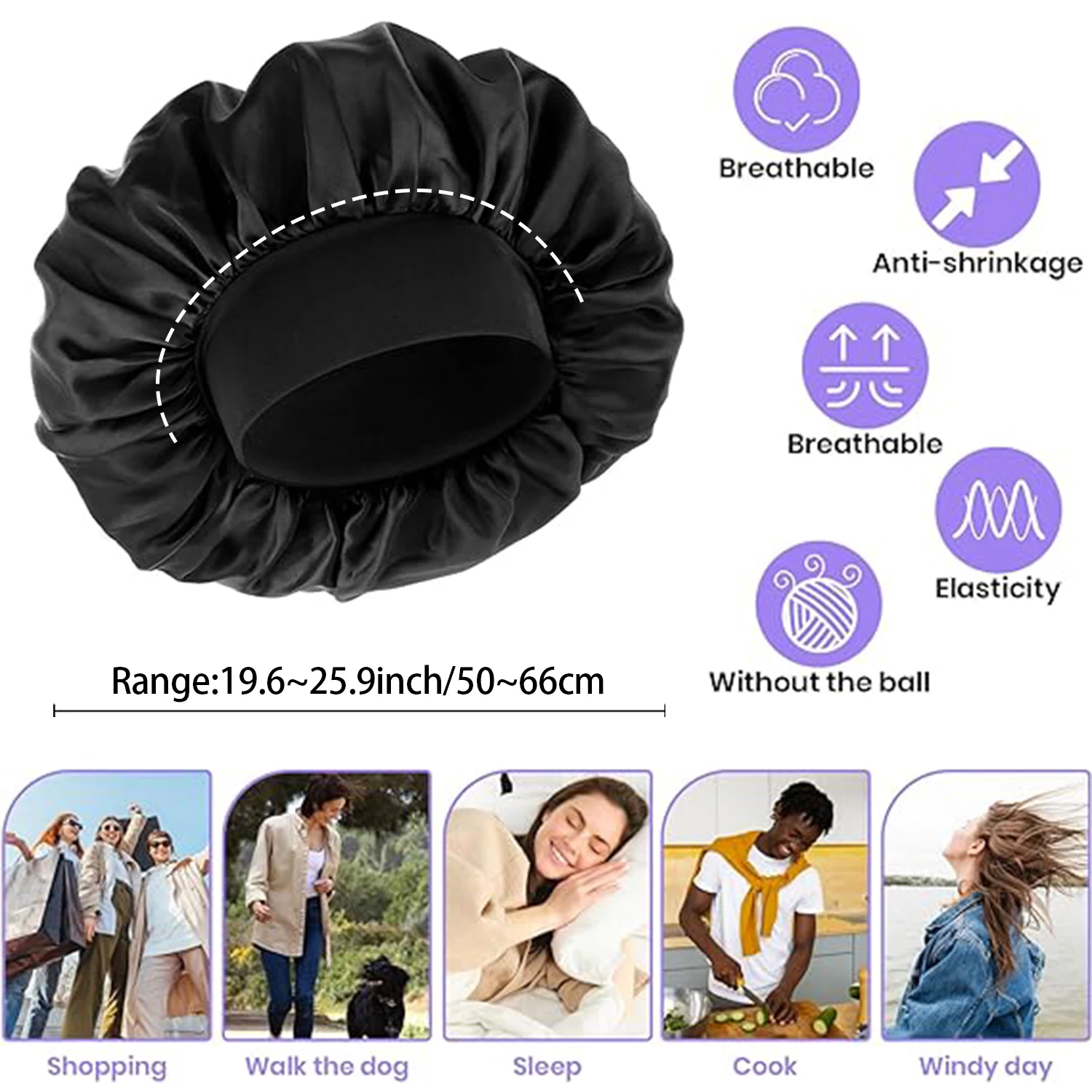 Gorro de satén para dormir, gorros de seda para mujeres negras con banda elástica suave para el cuidado del cabello