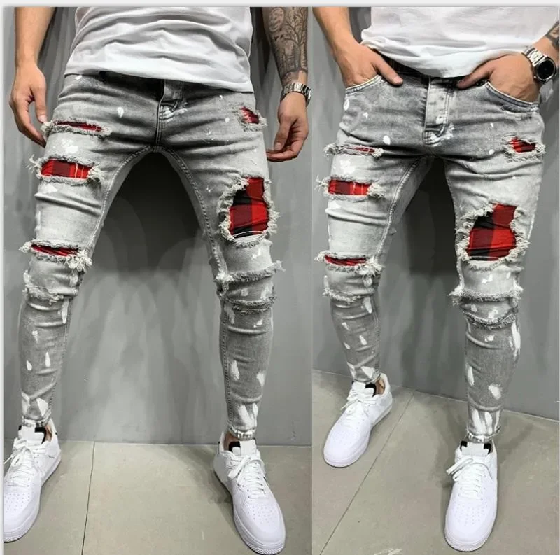 2025, Jeans, Bleistifthose, Löcher, Distressed, Herren, Streetwear, Denims, Patchwork, mittlere Taille, schmale Passform, gewaschener Denim, knöchellange Hose