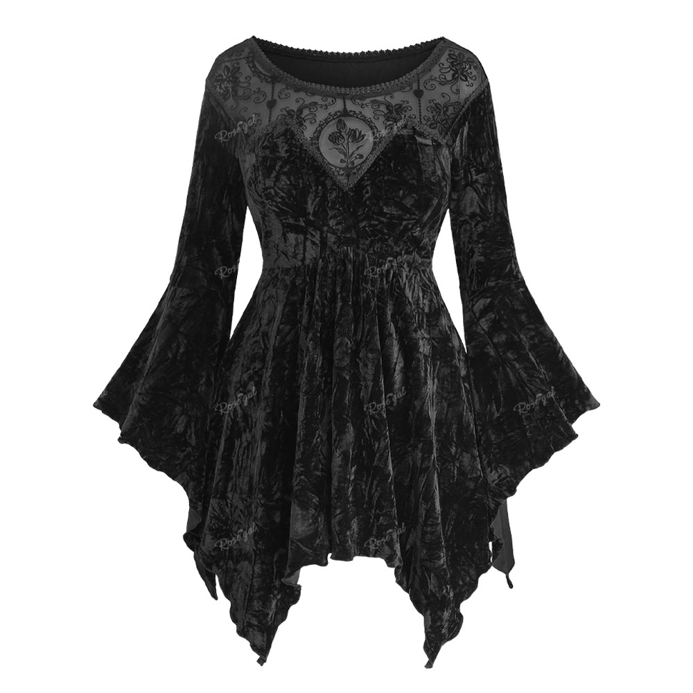 ROSEGAL Plus Size Damen Asymmetrisches Top Schwarzes T-Shirt Blumen Mesh Beflockung Geprägte Crinkle Patchwork Samt Glockenärmel Bluse