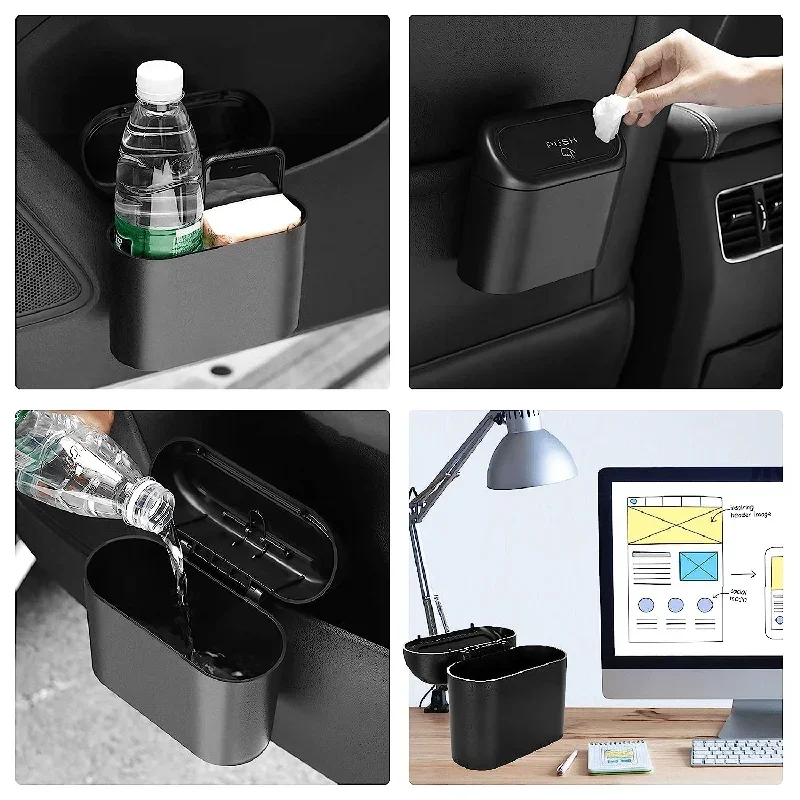 Contenedor de basura montado en el coche, contenedor de almacenamiento montado lateral con tapa, mini bolsa de almacenamiento, caja de almacenamiento multiusos para respaldo de asiento de coche