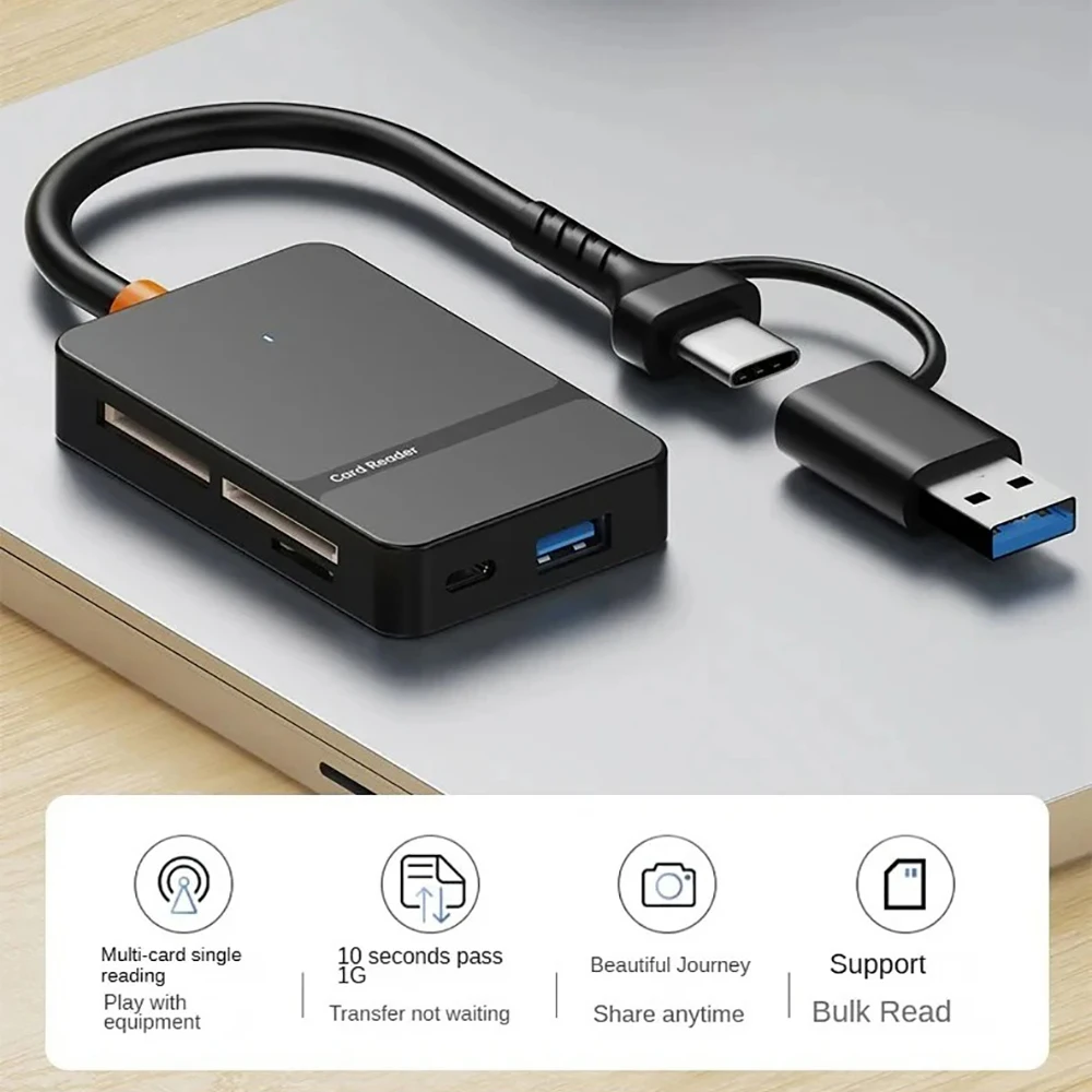 Устройство чтения карт USB C 8-в-1, многофункциональное устройство чтения карт памяти, поддержка чтения карт SD/TF/CF/MS, 5 Гбит/с, запись, чтение U-диска, адаптер флэш-карты