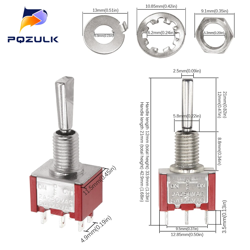 Mini Toggle Switch 3 Position 2 Position ON OFF ON DPDT SPST DPST 6A 125VAC 3A 250VAC Latching Flat Handle for Car Truck