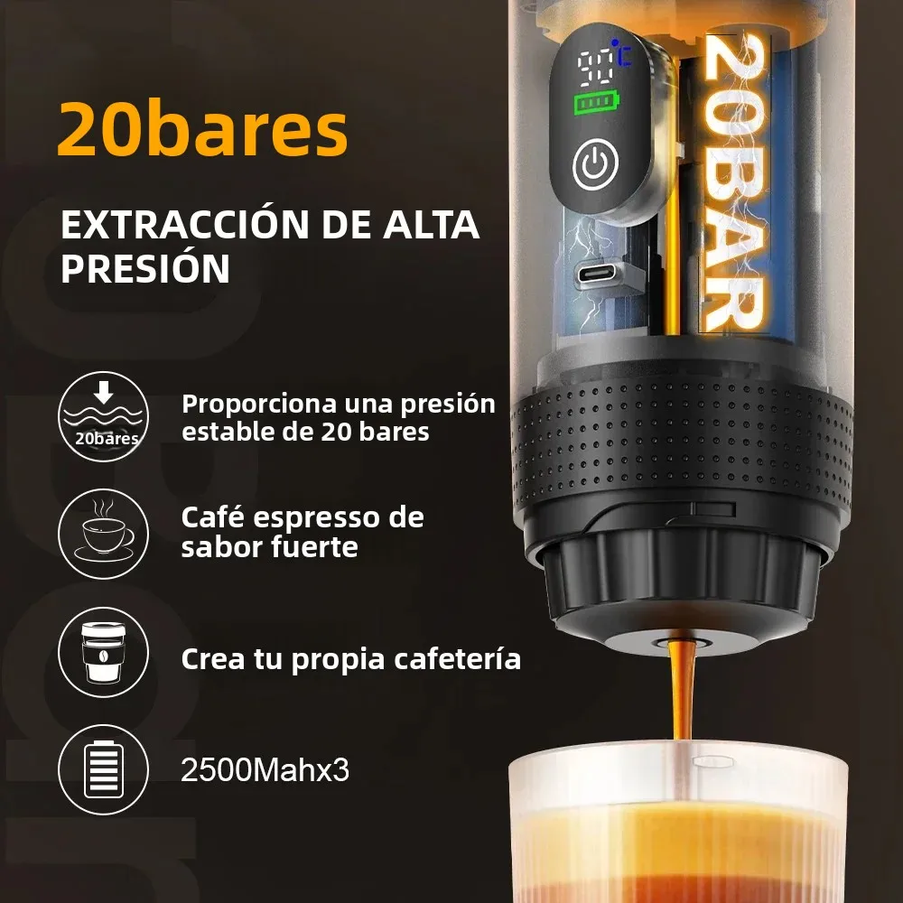 Cafetera eléctrica portátil inalámbrica Foombthe para coche y camping, con depósito de agua de 80 ml, pantalla digital, 3 en 1, para cápsulas de café en polvo y viajes.