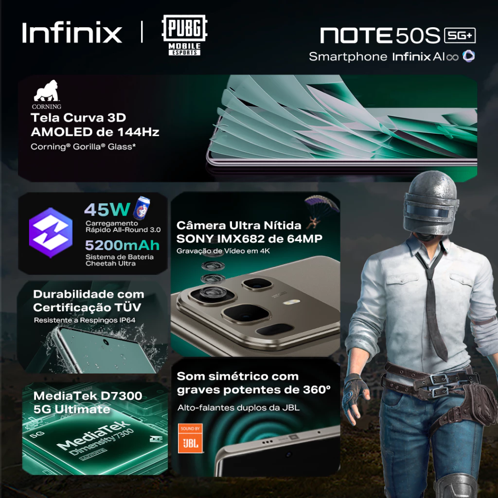 Infinix Note 50S 5G 256GB/8GB RAM, Processador Dimensity 7300 Ultimate, Câmera 64MP, Bateria 5200mAh Versão Global