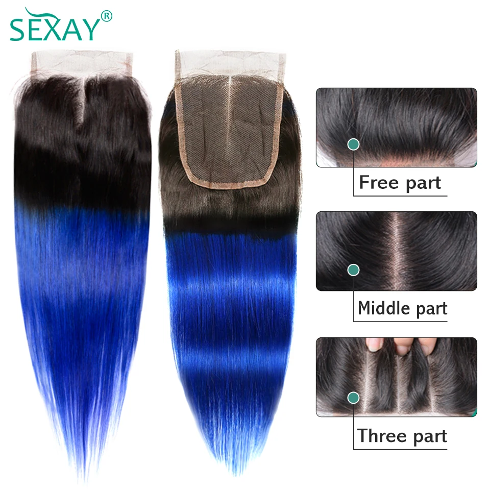 Sexay 4X4 Ren Đóng Cửa Với Tóc Cho Bé Remy Brasil Tóc Ombre 2 Tone Trước Màu Xanh Đỏ xanh Dương Gừng 4X4 Ren Đóng Cửa