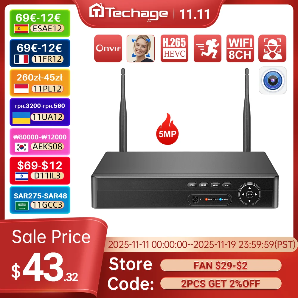 Techage H.265 NVR 8CH 5MP 4MP Беспроводной рекордер Wi-Fi CCTV IP-камера Система защиты безопасности P2P XMeye Pro ONVIF Сетевое видео