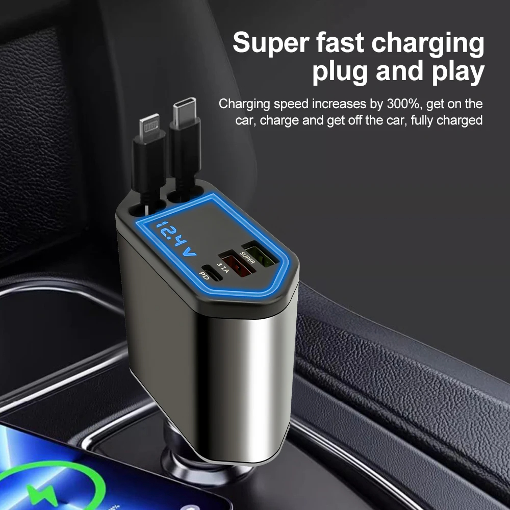 Einziehbares Autoladegerät, 4-in-1-Schnelllade-Autoladegerät 120 W, einziehbares Kabel und 2 USB-Anschlüsse, kompatibel mit Autoladegeräten