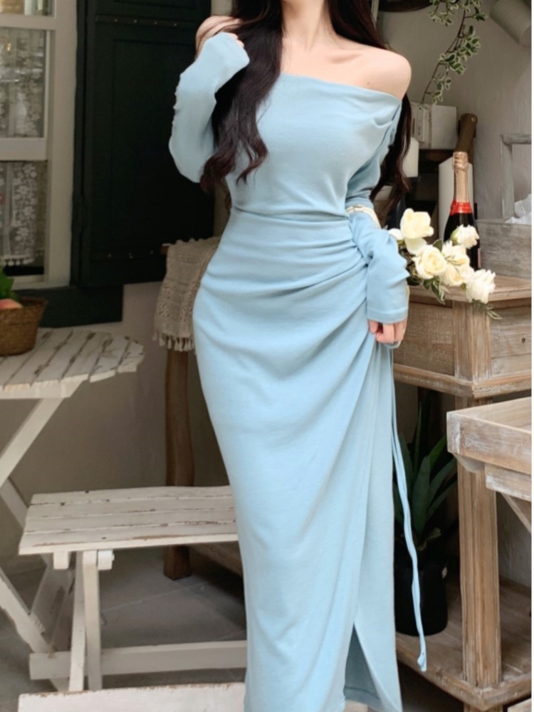 Gaun Midi Bodycon gaya Perancis seksi mode wanita gaun musim gugur wanita Vestidos ramping pesta malam elegan terbelah