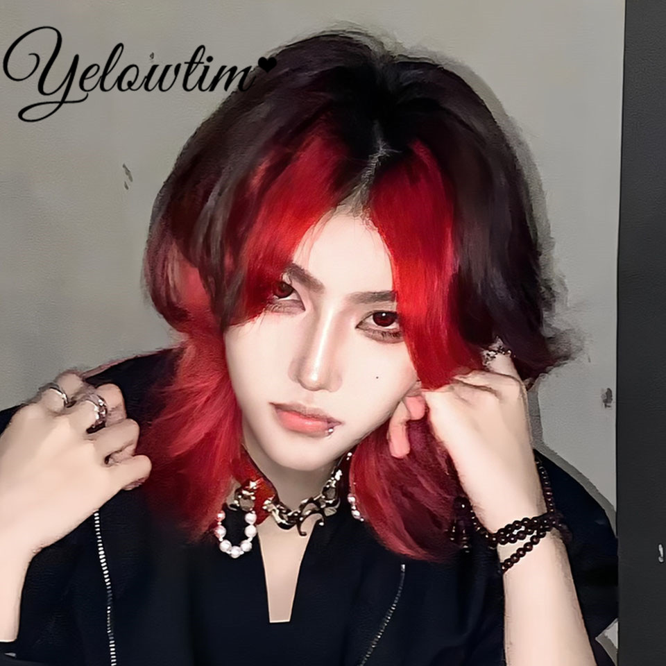 Yelowtim-短い合成かつら,巻き毛,黒と赤,クールで美しい