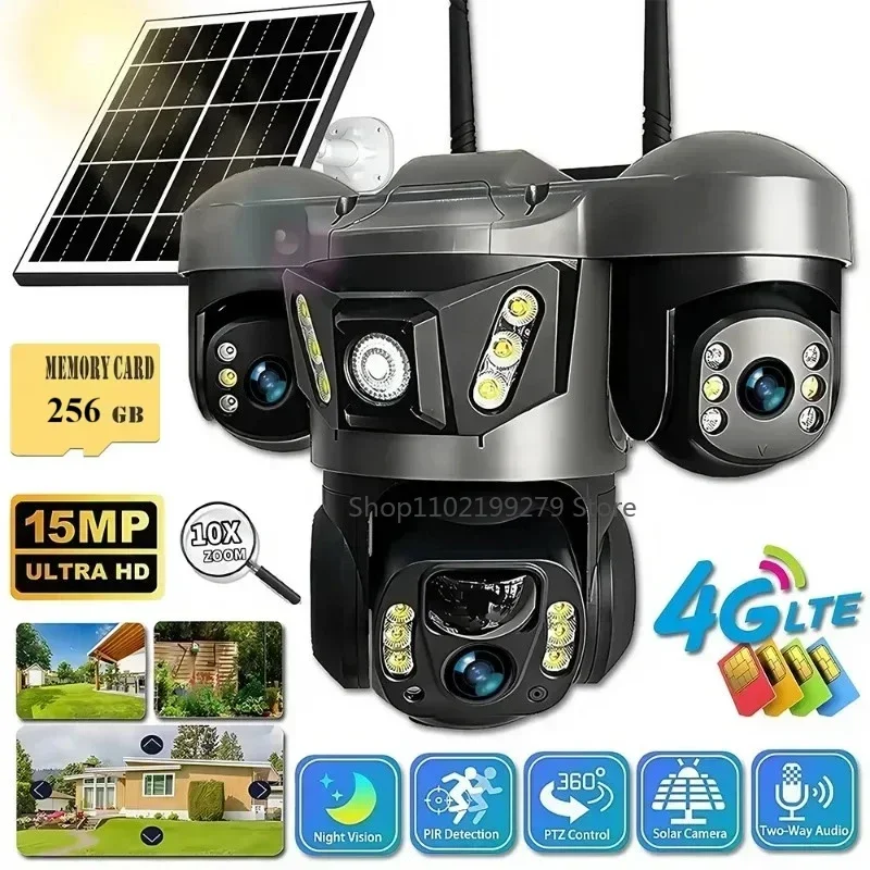 Solar 4G/WIFI IP Kamera 15MP Drei Objektiv Drei Bildschirm Wasserdicht Monitor Nachtsicht Sicherheit Schutz PTZ video Überwachung