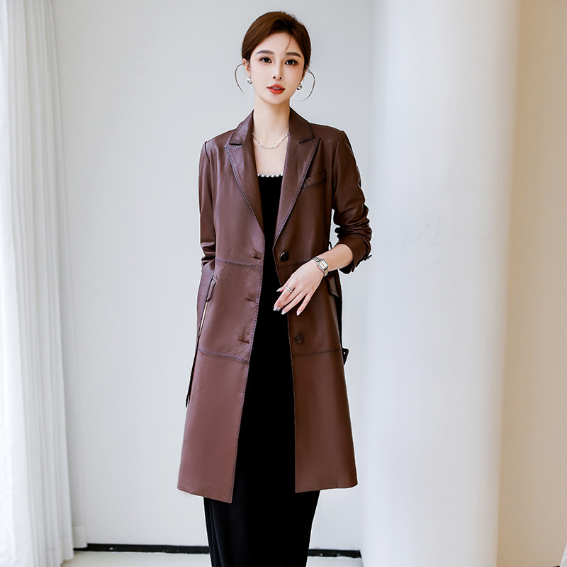 Women's Genuine Leather Coat, Lace Up, Sheepskin Jacket, Medium-Length Trench, Slim Tops, Spring And Autumn