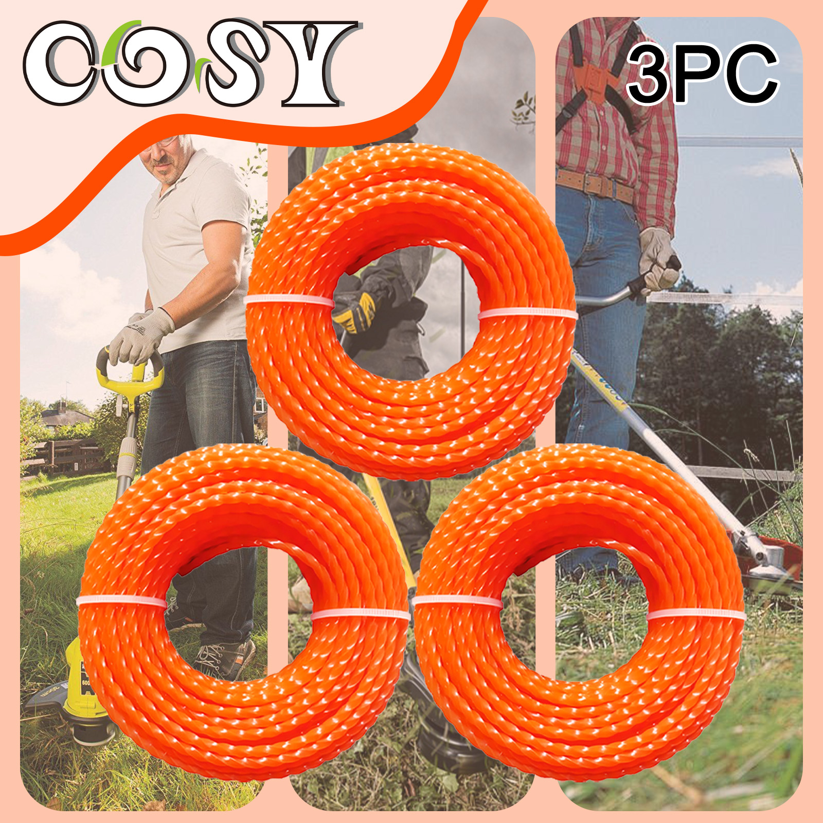 3PC15m * 2,4mm/2,7mm/3mm/3,3mm/4mm dureza universal corte de césped de nailon cortador de cepillo de cuerda cortacésped hilo de corte césped