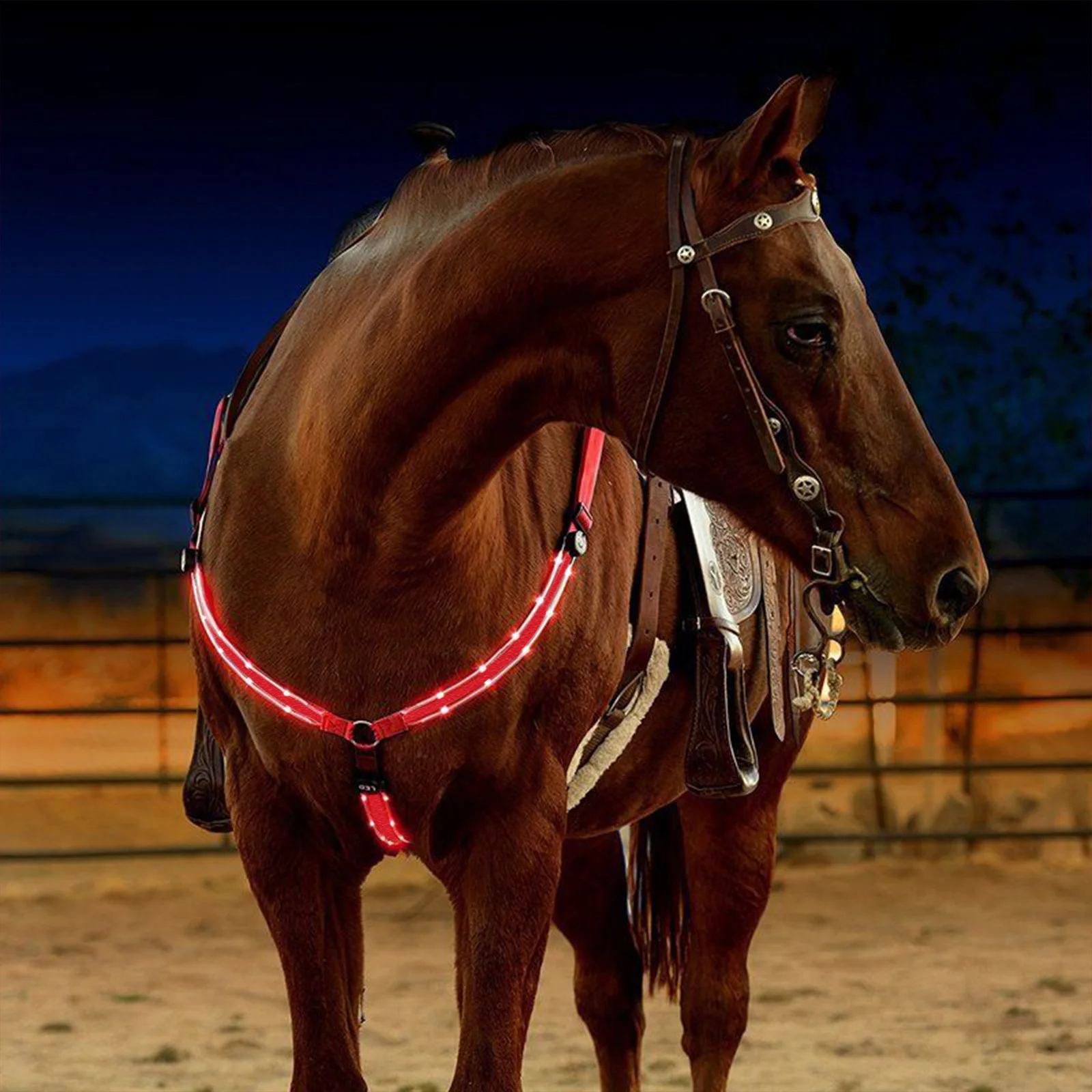 Conjunto de 3 peças de tiras de cauda de peito para pernas de cavalo com led, ternos equestres luminosos, luzes noturnas, equipamentos de cavalo visíveis