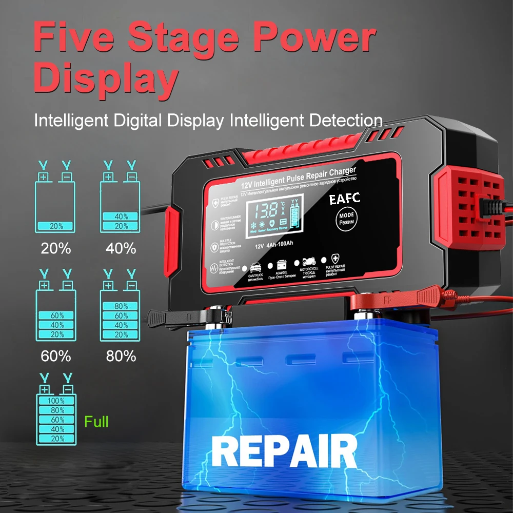 Eafc Universele Auto Acculader 12V 8A 12V 6A Intelligente Puls Reparatie Motorfiets Oplader voor Lood-zuur Lifepo4 Batterijen