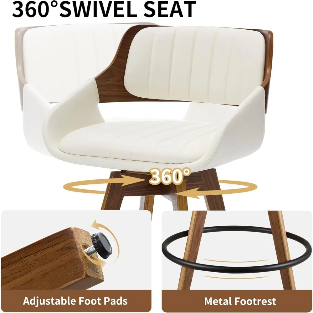 Swivel Bar Stools Set of 2, Walnut Counter Height Bar Stools with Back and Arms, 26" Modern Faux Leather Upholstered Bar Chairs