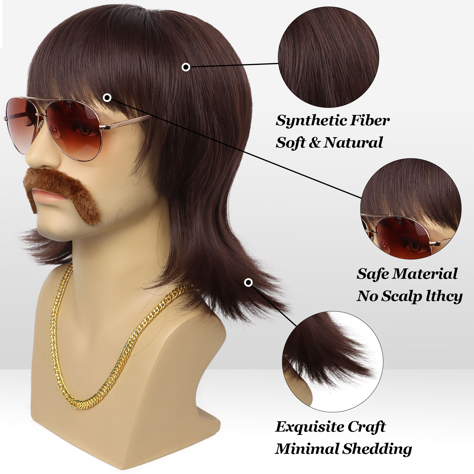 สังเคราะห์ Mullet วิกผมสั้น 70s Disco ชุดสําหรับวิกผมผู้ชายหนวดแว่นตาและโซ่ 60s นักร้อง Rocker ฮิปปี้คอสเพลย์ฮาโลวีน