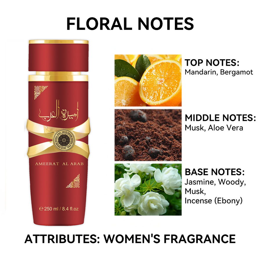 250ML 8.4FL.OZ Perfume de fragancia árabe para mujer, notas florales, bergamota, almizcle de jazmín EDP, Spray de agua de Parfum de larga duración