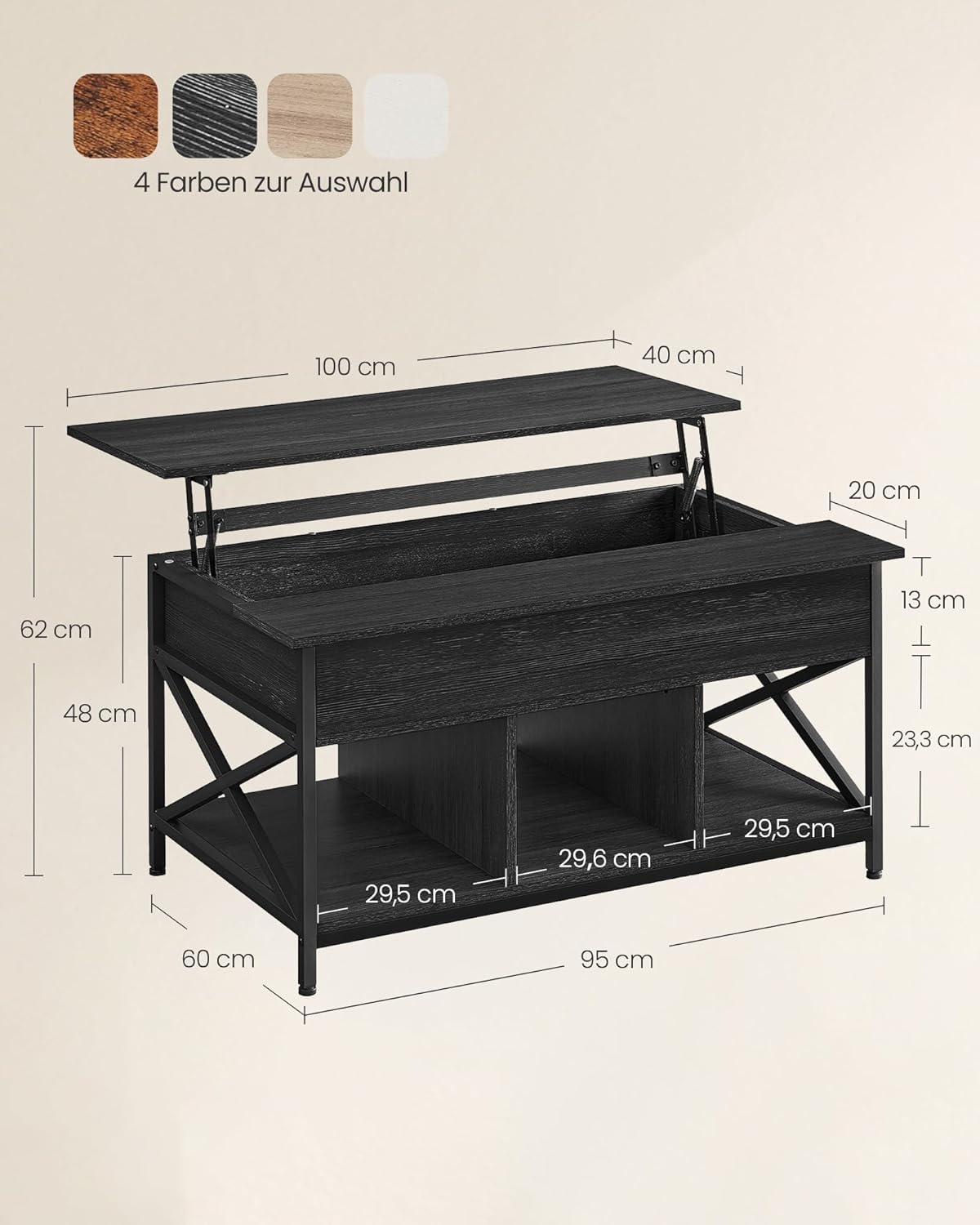 Couchtisch, höhenverstellbarer Wohnzimmertisch, Kaffeetisch, X-Streben, 60 x 100 x (48-62) cm, Kamelbraun-schwarz LCT205K50