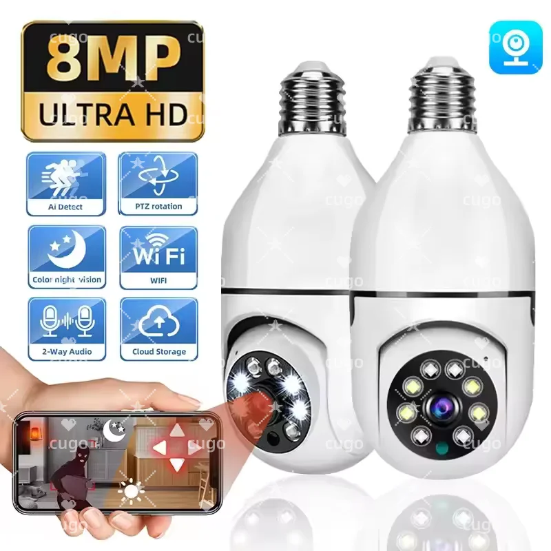 8MP E27 Bulb WiFi Camera Light Bulb Security Camera Video Surveillance Supprt Two Way Audio AI Humanoid Detection Baby Monitor