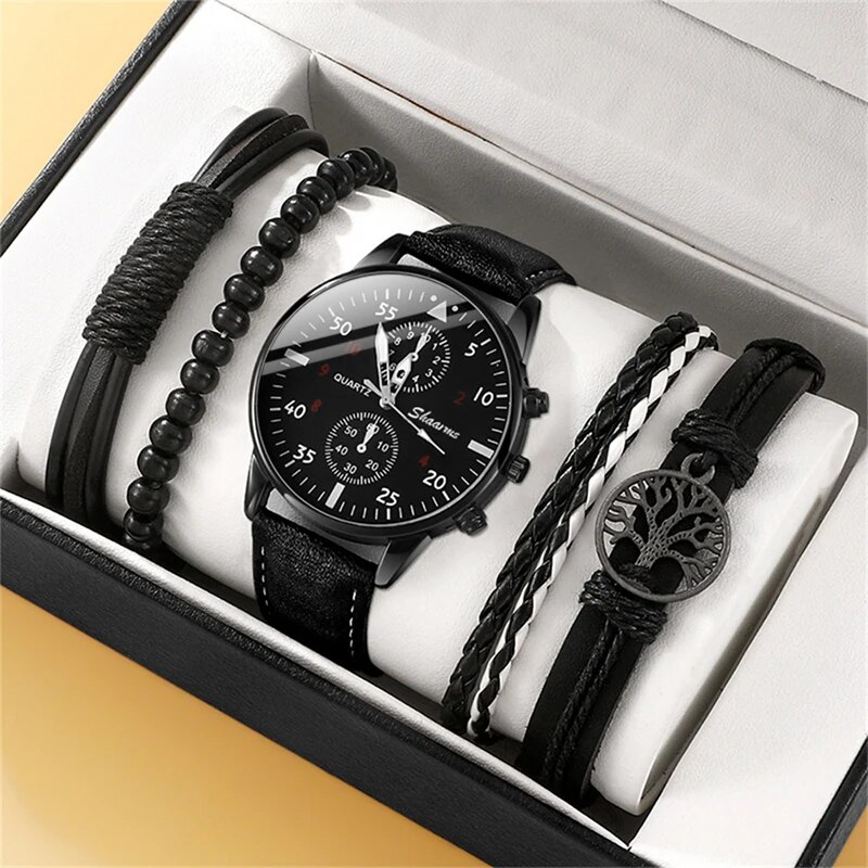New Men Watch Luxury Bracelet Set Fashion Business Brown Leather Quartz Relógios de pulso para homens Gift Set Relogio masculino